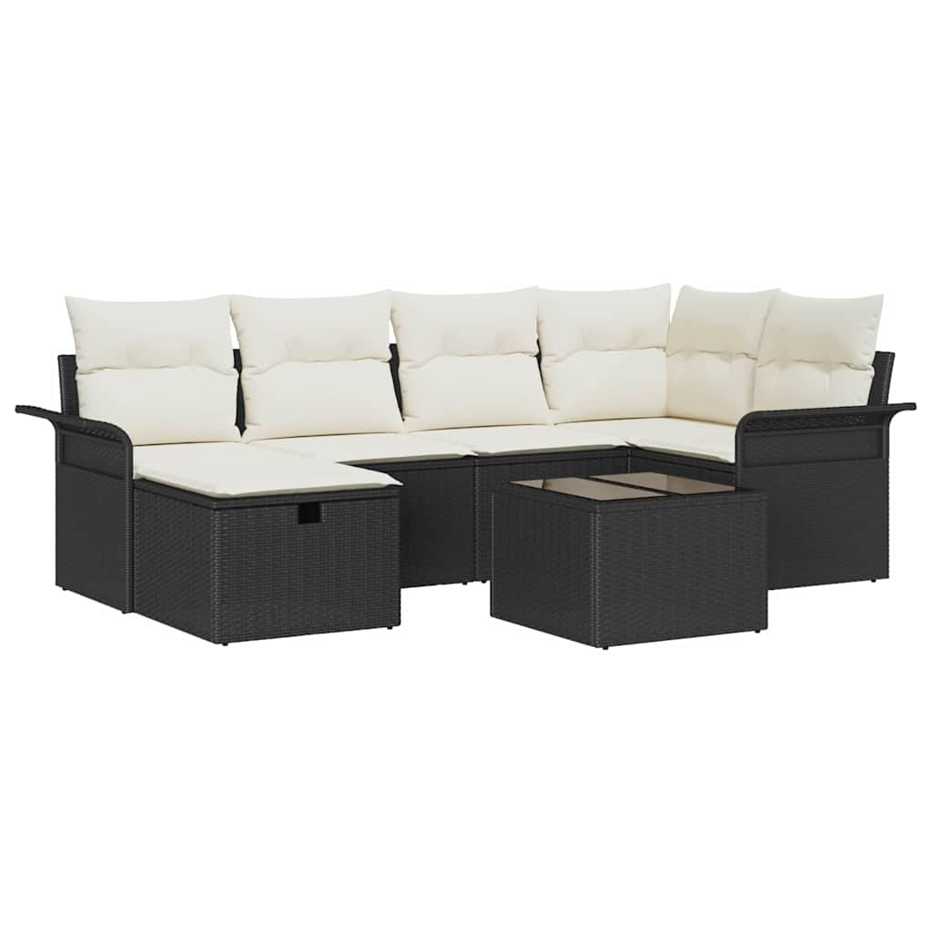 Garten-Sofa-Set mit Kissen 7 pcs Schwarz Poly Rattan